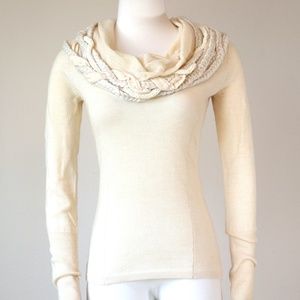 Wool cream sweater w/braiding detail on cowl neck